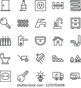 thin line vector icon set - house vector, bedside table, brick wall, building trolley, wooden paint brush, sink, comfortable toilet, siphon, power socket type b, f, key, door knob, ntrance, spatula