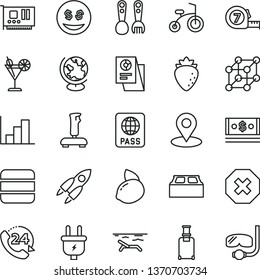 thin line vector icon set - mark of injury vector, negative histogram, plastic fork spoons, child bicycle, long meashuring tape, building block, passport, 24, cocktail, raspberry, yellow lemon, plug