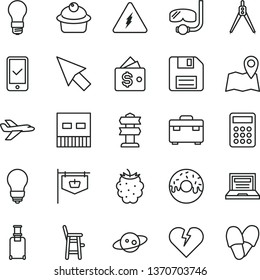 thin line vector icon set - floppy disk vector, laptop, a chair for feeding child, suitcase, bulb, broken heart, muffin, glazed cake with hole, blackberry, light, vintage sign, calculator, usb, map