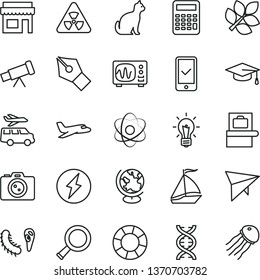 thin line vector icon set - telescope vector, atom, nuclear, zoom, dna, bulb, bactery, globe, oscilloscope, graduate hat, calculator, biology, ink pen, electricity, plane, sail boat, hang glider