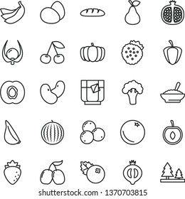 thin line vector icon set - eggs vector, loaf, a bowl of buckwheat porridge, garlic, glass tea, blueberries, strawberries, pear, orange, cherry, half apricot, pomegranate, raspberry, medlar, bananas