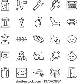 thin line vector icon set - line chart vector, car child seat, toy sand set, children's hairdo, funny, Puzzles, garden trolley, map, package, bundle of eggs, a plate milk, japanese sushi, sour lime