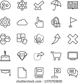 thin line vector icon set - clean sheet of paper vector, cross, silent mode, pennant, Puzzles, cogwheel, index finger, book, umbrella, cake, move right, omelette, honeycombs, shopping cart, monitor