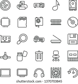 thin line vector icon set - notebook pc vector, radiator fan, power supply, cpu, card, monitor, hdd, usb, cd, printer, scanner, flash, headphones, network, connect, trash bin, floppy, projector, sd
