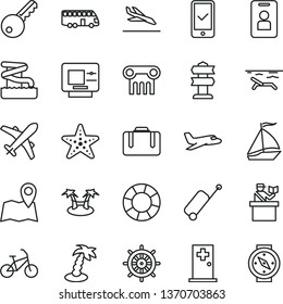 thin line vector icon set - plane vector, bus, sail boat, bike, suitcase, passort control, phone registration, rolling case, arrival, atm, beach, palm tree, aquapark, medical room, starfish, map