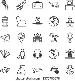 thin line vector icon set - paper airplane vector, Baby chair, garden trolley, building, planet Earth, lighthouse, location, saturn, rocket, man hold world, sand castle, plane, sail boat, backpacker