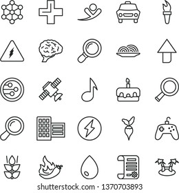 thin line vector icon set - upward direction vector, plus, city block, drop, car, onion, torte, mint, hot pepper, radish, research article, network, magnifier, note, joystick, electricity, zoom