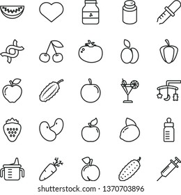 thin line vector icon set - heart symbol vector, toys over the cradle, measuring cup for feeding, bottle, powder, cucumber, tomato, carrot, cocktail, jar of jam, strawberry, apple, cherry, peach