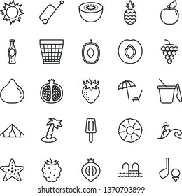 thin line vector icon set - wicker pot vector, children's sand set, bottle of soda, popsicle, a pineapple, half pomegranate, large grape, apricot, plum, strawberry, fig, medlar, blackberry, kiwi