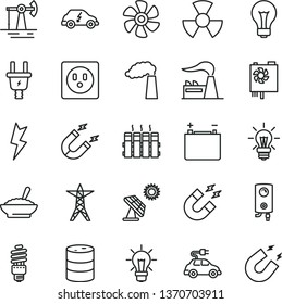 thin line vector icon set - matte light bulb vector, lightning, radiator, boiler, a bowl of buckwheat porridge, marine propeller, big solar panel, working oil derrick, manufacture, factory, barrel