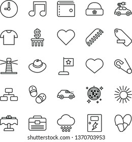 thin line vector icon set - heart symbol vector, purse, hat, remove label, open pin, comb, cloud, child shoes, warm, portfolio, dangers, wall clock, flowchart, T shirt, electric car, retro, note
