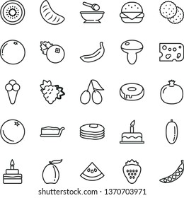 thin line vector icon set - deep plate with a spoon vector, cake, piece of cheese, big burger, mushroom, slice, birthday, hole, cone, blueberries, strawberry, biscuit, pancakes, orange, pomegranate