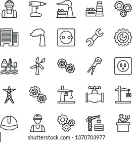 thin line vector icon set - tower crane vector, builder, gears, adjustable wrench, drill, power socket type b, buildings, construction helmet, gear, commercial seaport, wind energy, valve, factory