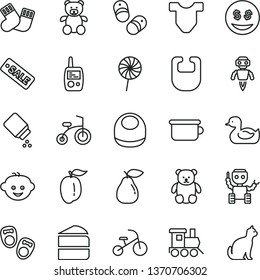 thin line vector icon set - baby powder vector, bib, Child T shirt, rubber duck, warm socks, toy mobile phone, children's potty, teddy bear, small, hairdo, train, bicycle, tricycle, piece of cake