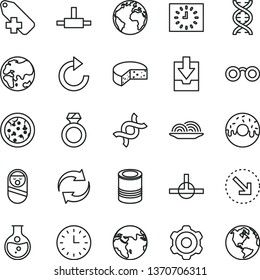 thin line vector icon set - sign of the planet vector, renewal, clockwise, add label, download archive data, roly poly doll, cogwheel, right bottom arrow, cheese, tin, pizza, onion, round flask, dna