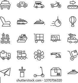 thin line vector icon set - cargo trolley vector, paper airplane, car child seat, motor vehicle, baby toy train, Kick scooter, big core, delivery, cardboard box, shipment, sea port, marine propeller