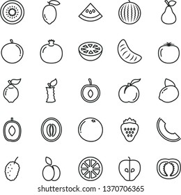 thin line vector icon set - strawberry vector, apple, pear, ripe peach, pomegranate, quince, tasty, mulberry, water melon, slice of, delicious plum, half, tangerine, cherry, lemon, yellow, juicy