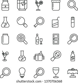 thin line vector icon set - magnifier vector, zoom, measuring cup for feeding, e, bulb, interroom door, a glass of tea, cocktail, jam, jar, liquor, flask, magnifying, test tube, wine, restaurant