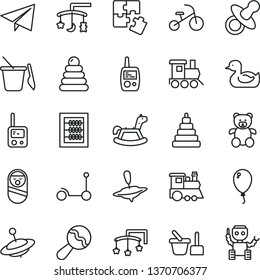 thin line vector icon set - paper airplane vector, toys over the cradle, cot, dummy, new abacus, beanbag, rubber duck, stacking rings, toy, roly poly doll, phone, mobile, sand set, children's, yule