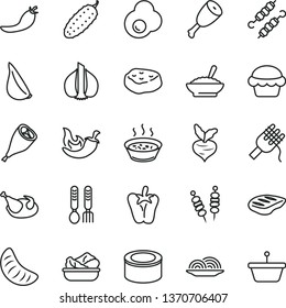 thin line vector icon set - iron fork spoons vector, canned goods, fried vegetables on sticks, onion, spaghetti, cake, a bowl of buckwheat porridge, in saucepan, lettuce plate, chicken, thigh, chop