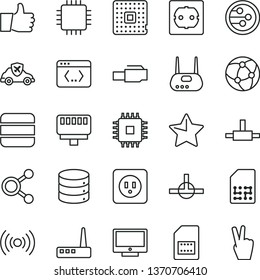 thin line vector icon set - power socket type b vector, f, star, thumb up, screen, big data, autopilot, processor, SIM card, connections, cpu, router, network, connect, coding, lan connector
