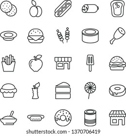 thin line vector icon set - kiosk vector, sausage, canned goods, tin, fried vegetables on sticks, Hot Dog, mini, big burger, cake, piece of, with a hole, glazed, bowl buckwheat porridge, plate milk