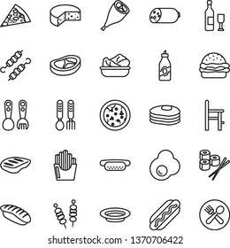 thin line vector icon set - a chair for feeding vector, plastic fork spoons, iron, sausage, cheese, fried vegetables on sticks, pizza, piece of, Hot Dog, mini, burger, lettuce in plate, bacon, chop