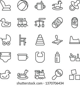 thin line vector icon set - toys over the cradle vector, dummy, mug for feeding, bottle, diaper, bib, beanbag, car child seat, baby stroller, rubber duck, duckling, bath ball, stacking rings, chair