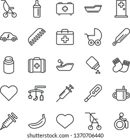 thin line vector icon set - heart symbol vector, first aid kit, toys over the cradle, mug for feeding, measuring bottle, powder, baby, stroller, summer, sitting, electronic thermometer e, mercury