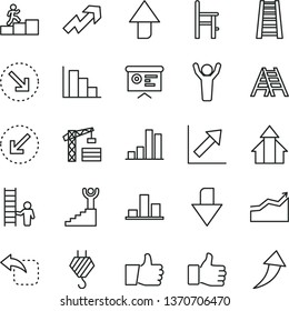 thin line vector icon set - upward direction vector, downward, growth up, chart, positive histogram, a chair for feeding, tower crane, hook, stepladder, ladder, left bottom arrow, thumb, move, right