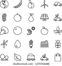 thin line vector icon set - saving light bulb vector, drop, porcini, cabbage, apple, pear, mint, tangerine, delicious, peas, solar panel, big, leaves, leaf, windmill, wind energy, planet Earth, bag