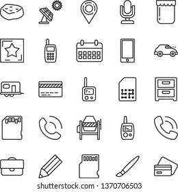 thin line vector icon set - tassel vector, desktop microphone, bank card, toy phone, mobile, concrete mixer, smartphone, nightstand, call, piece of meat, jam, big solar panel, retro car, SIM, pencil