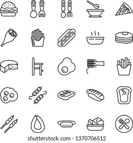 thin line vector icon set - plates and spoons vector, a chair for feeding, plastic fork, iron, stick of sausage, cheese, piece pizza, Hot Dog, mini, burger, noodles, porridge, lettuce in plate, chop