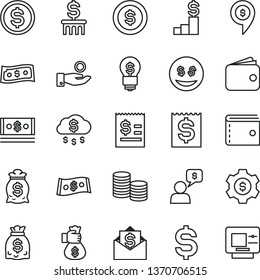 thin line vector icon set - purse vector, coins, denomination of the dollar, article on, financial item, catch a coin, wallet, dollars, cash, money bag hand, rain, pedestal, column, gear, idea, eyes