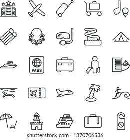 thin line vector icon set - suitcase vector, passport, sand castle, plane, passenger, ticket, rolling case, hotel, tent, beach, arnchair under umbrella, palm tree, hawaii wreath, aquapark, surfing