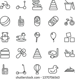 thin line vector icon set - baby rattle vector, duckling, bath ball, stacking rings, toy, roly poly doll, tumbler, phone, mobile, sand set, children's, small teddy bear, rocking horse, balloon, air