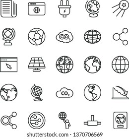 thin line vector icon set - sign of the planet vector, globe, earth, solar panel, plug, CO2, carbon dyoxide, connection, connections, recession, newspaper, network, browser, connect, man hold world