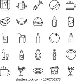 thin line vector icon set - mug for feeding vector, bottle, measuring, bath ball, packing of juice with a straw, coffee, burger, plate milk, beans, cup tea, coffe to go, glass soda, cocktail, can