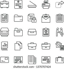thin line vector icon set - briefcase vector, clean paper, folder, suitcase, estimate, received letter, pass card, drawer, move right, statistical report, overview, book on statistics, newspaper