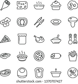 thin line vector icon set - baby bib vector, plastic fork spoons, sausage, piece of cheese, pizza, mushroom, muffin, a bowl buckwheat porridge, in saucepan, hot, plate milk, chicken, grill leg, chop