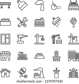 thin line vector icon set - house vector, tower crane, hook, concrete mixer, window, small tools, cordless drill, buildings, building block, putty knife, spatula, paving slab, road fence, core