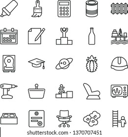 thin line vector icon set - calendar vector, car child seat, drill, wooden paint brush, construction helmet, building block, new radiator, notes, tin, popcorn, ripe pineapple, commercial seaport