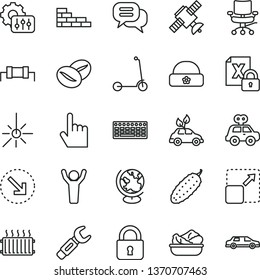 thin line vector icon set - motor vehicle present vector, child Kick scooter, warm hat, brick wall, lock, index finger, expand picture, right bottom arrow, lettuce in a plate, cucumber, coffee beans