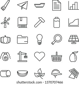 thin line vector icon set - grocery basket vector, paper airplane, scribbled, folder, negative histogram, bath, e, arm saw, helmet, hammer, heart, loquat, piece of coconut, pumpkin, charge level