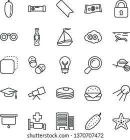 thin line vector icon set - bookmark vector, child shoes, garden trolley, construction level, buildings, lock, bulb, artificial satellite, copy, big burger, cucumber, bottle of soda, pancakes, zoom