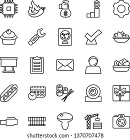 thin line vector icon set - tower crane vector, Hot Dog, mushroom, muffin, lettuce in a plate, of fruit, sushi set, pepper, steel repair key, billboard, operator, schedule, giftbox, radiator fan