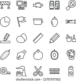 thin line vector icon set - scissors vector, yardstick, pie chart, toy sand set, children's potty, measuring tape, construction level, drawing, traffic signal, flag, eggs, cucumber, fish, tamarillo