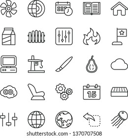 thin line vector icon set - tassel vector, car child seat, house, brick, hedge, calendar, book, earth, regulator, package, move left, part of guava, marine propeller, planet, tower crane, gears