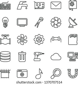 thin line vector icon set - keyboard vector, adjustable wrench, cordless drill, faucet mixer, marine propeller, valve, bulb, gear, cloth industry, computer, fan, pc power supply, card, monitor, note