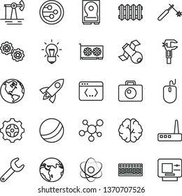thin line vector icon set - bath ball vector, gears, new radiator, camera, working oil derrick, gear, welding, repair key, caliper, mouse, keyboard, gpu card, hdd, router, network, coding, molecule